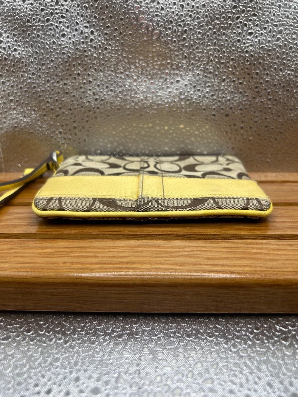 COACH 40028 Legacy Stripe Yellow Brown Monogram Zip Leather Wristlet Tag 6” X 4”